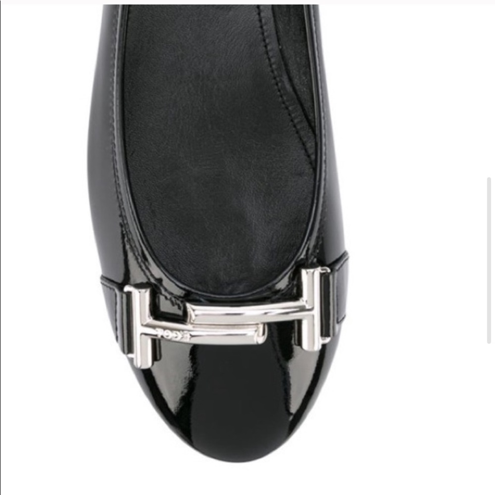 Tod's Glossy Black Flats with Metallic Detail